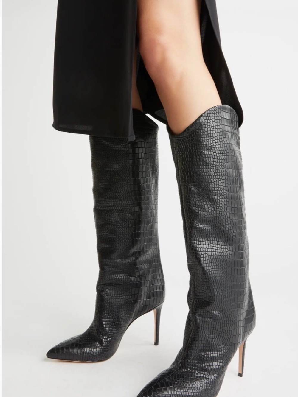 SCHUTZ Black Croc-Embossed Knee-High Stiletto Boots